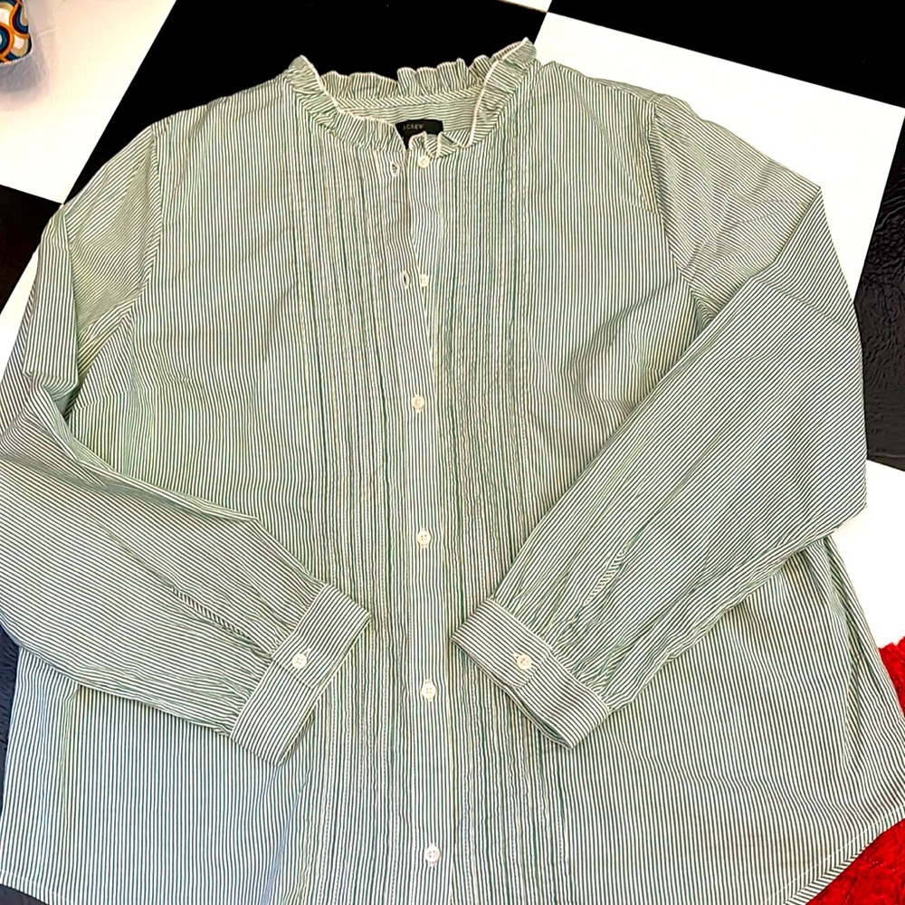 J crew striped button down green and white with ruffle XL and NWOT